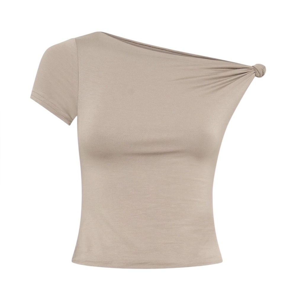 MESHKI Betty Short Sleeve Modal Top With Knot Shoulder - Tawny Grey NWT